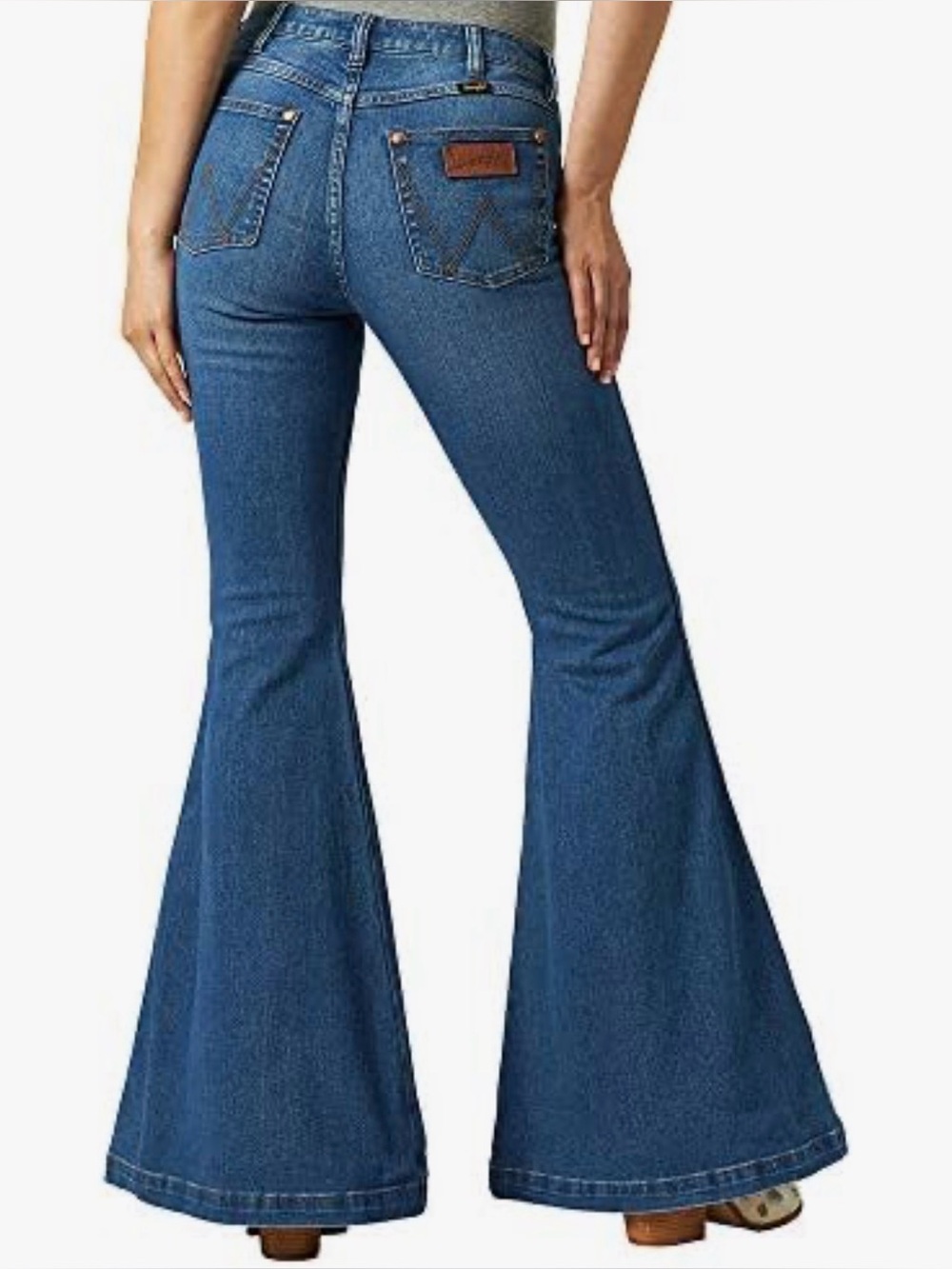 Wrangler Retro Premium Trumpet Flare Blue Denim Jeans with Gold Logo Stitching - Picture 3 of 6